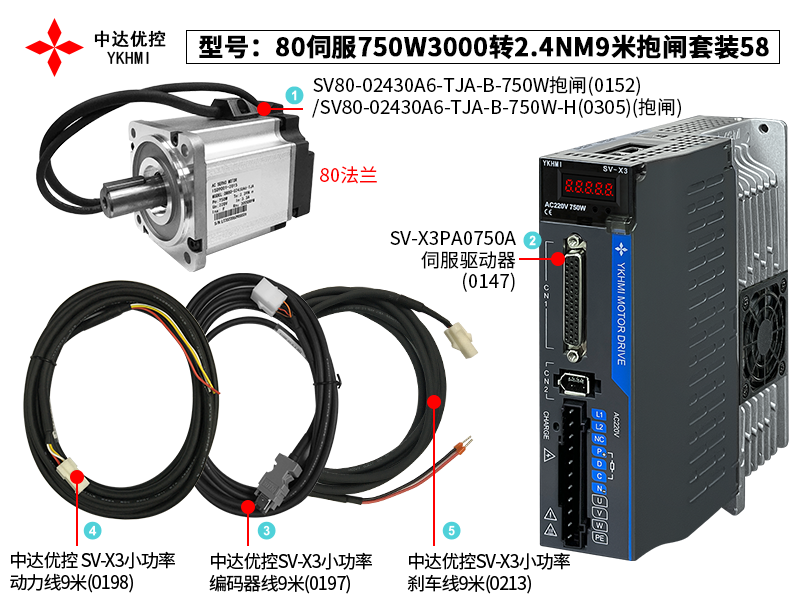 80伺服750W3000轉2.4NM9米抱閘套裝58