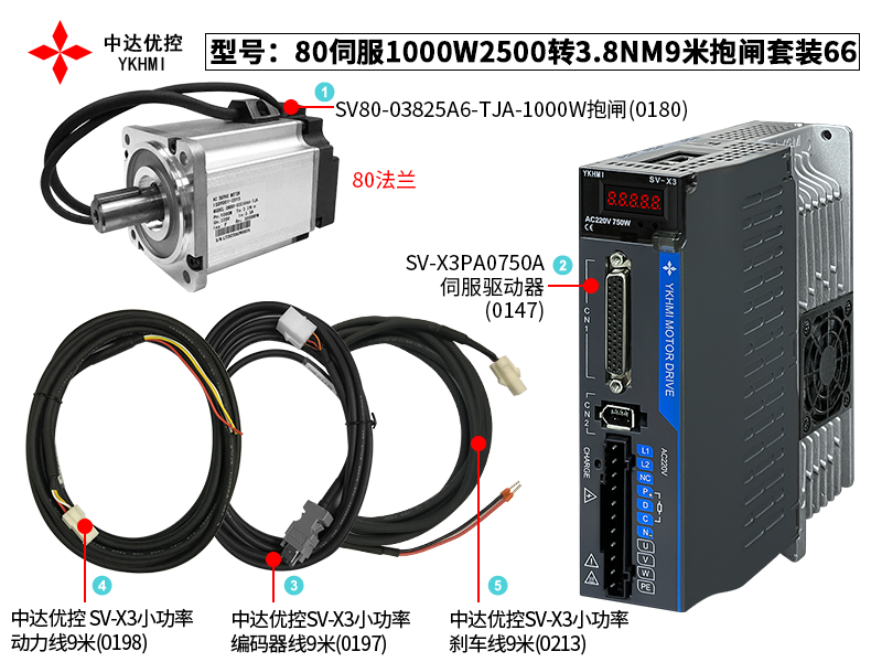 80伺服1000W2500轉(zhuǎn)3.8NM9米抱閘套裝66