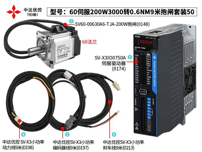 60伺服200W3000轉0.6NM9米抱閘套裝50(0174)