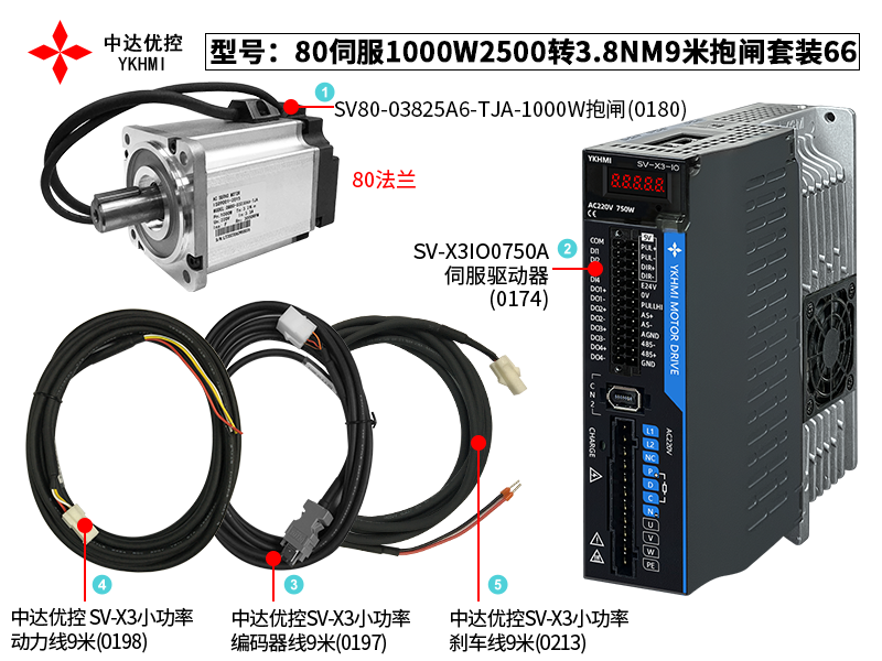 80伺服1000W2500轉3.8NM9米抱閘套裝66(0174)